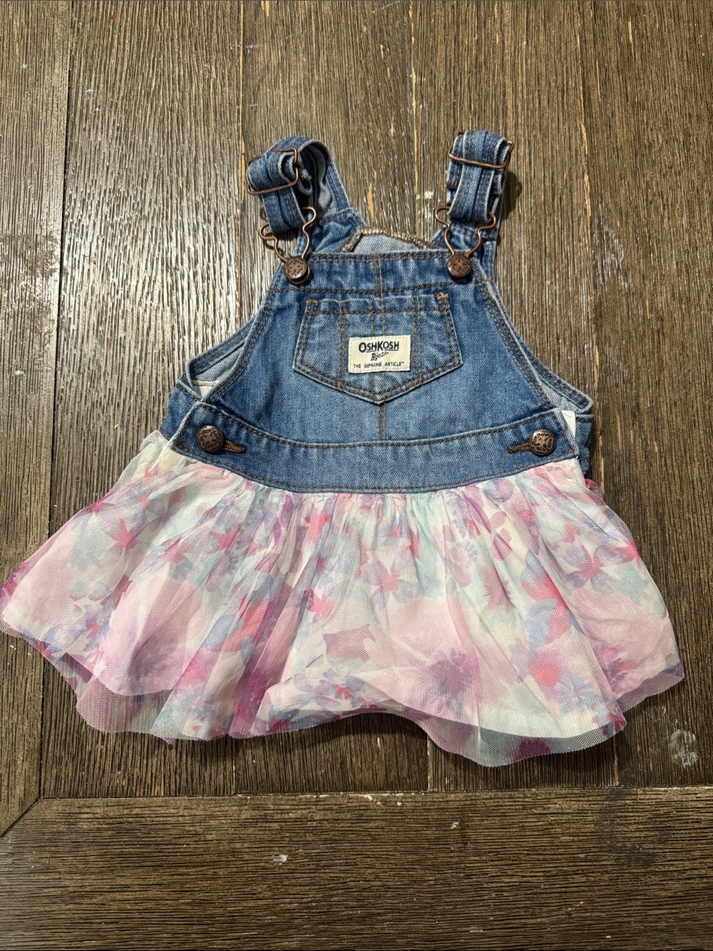 OshKosh B’gosh Baby Girl 6M Denim Jumper Dress Floral Tulle Skirt